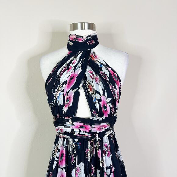 JILL Jill Stuart | Silk Floral Black Halter Cut Out Slit Maxi Dress Long Gown 2 - Picture 3 of 11